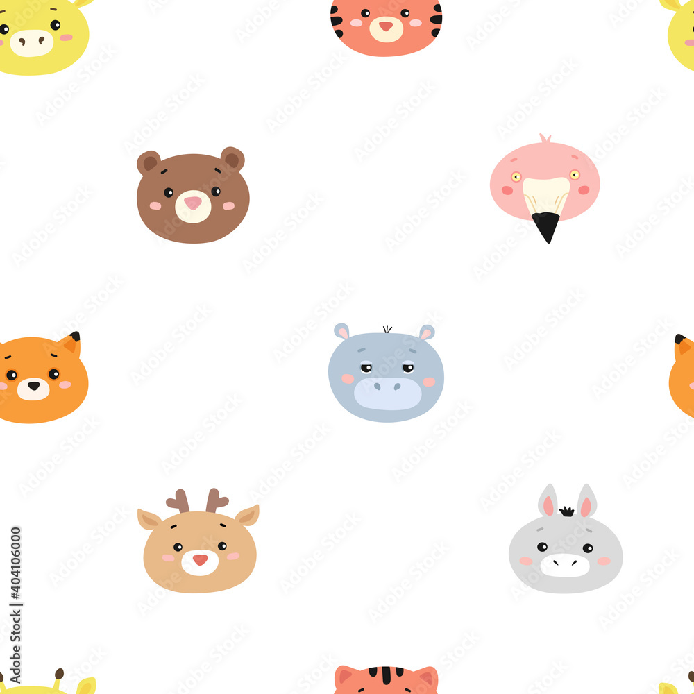 Vector Seamless Pattern with Cute Animal Heads in Flat style.Kid's Ornament for Textile, Fabric, Print, Design, Wallpaper, Wrapping Paper.Funny Hand Drawn Mammal's Face.Adorable Characters for Baby.