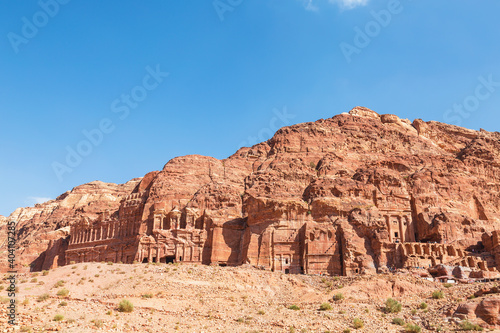 View of the rock with the royal tombs of the ancient city of Petra, Jordan