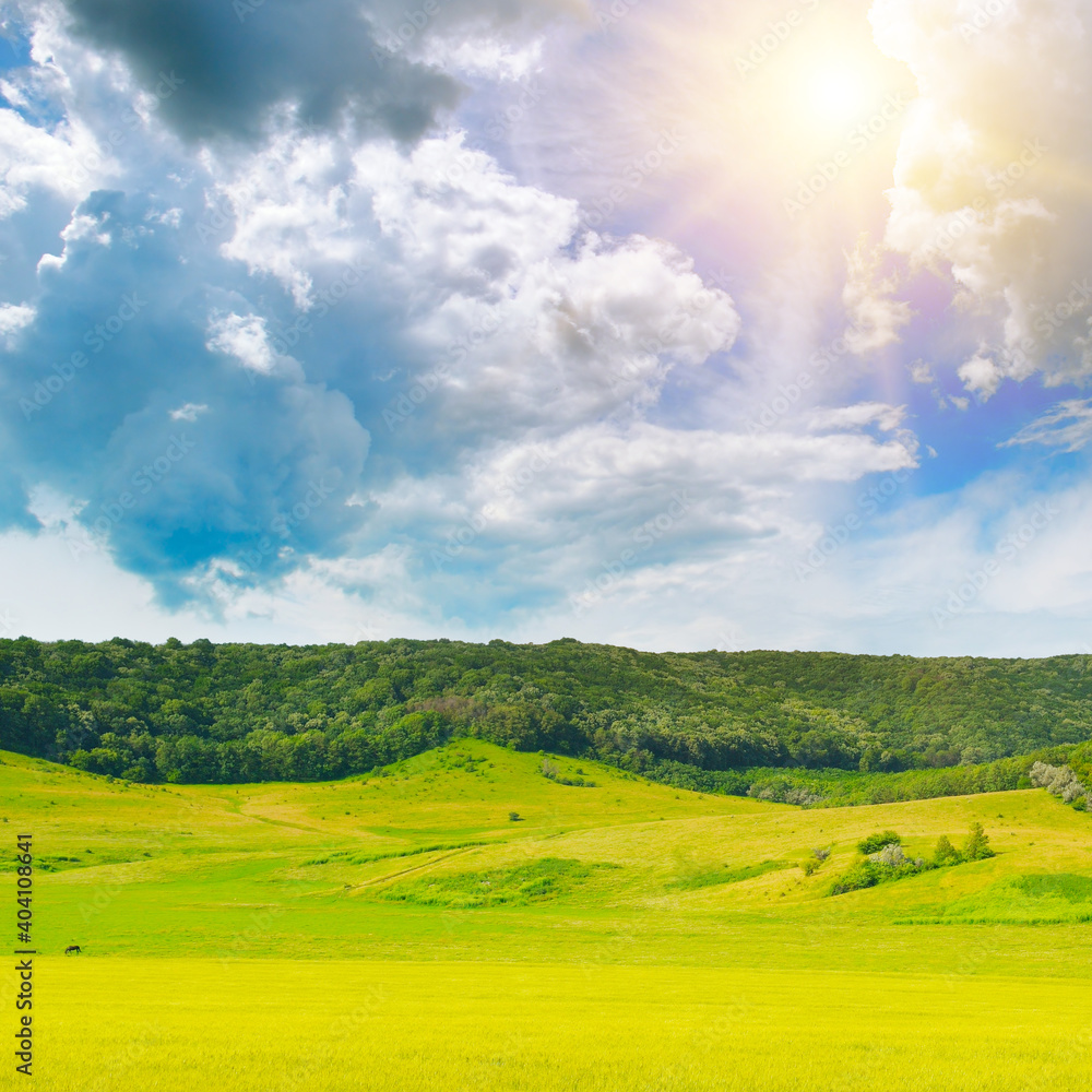 Fototapeta premium nature background. Rural coastal hills and sun on blue sky.