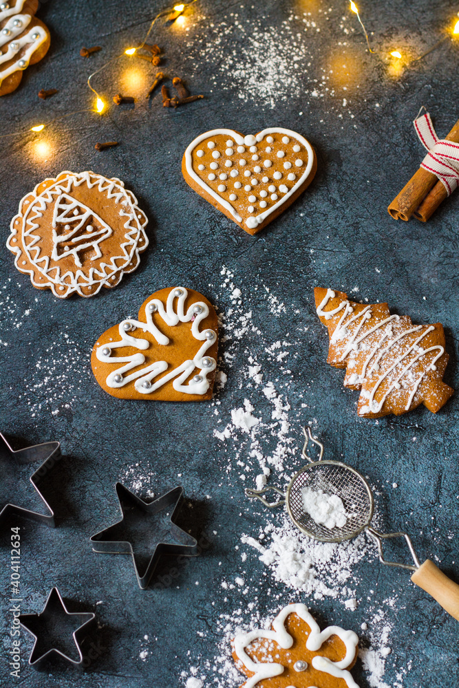 Christmas gingerbread cookies on dark background Christmas gingerbread cookies on dark background