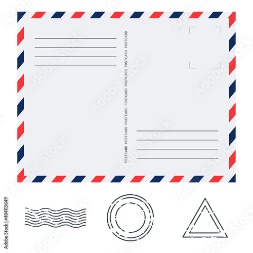 Postcard in air mail style with paper texture and rubber stamps on white background. Vector illustration.