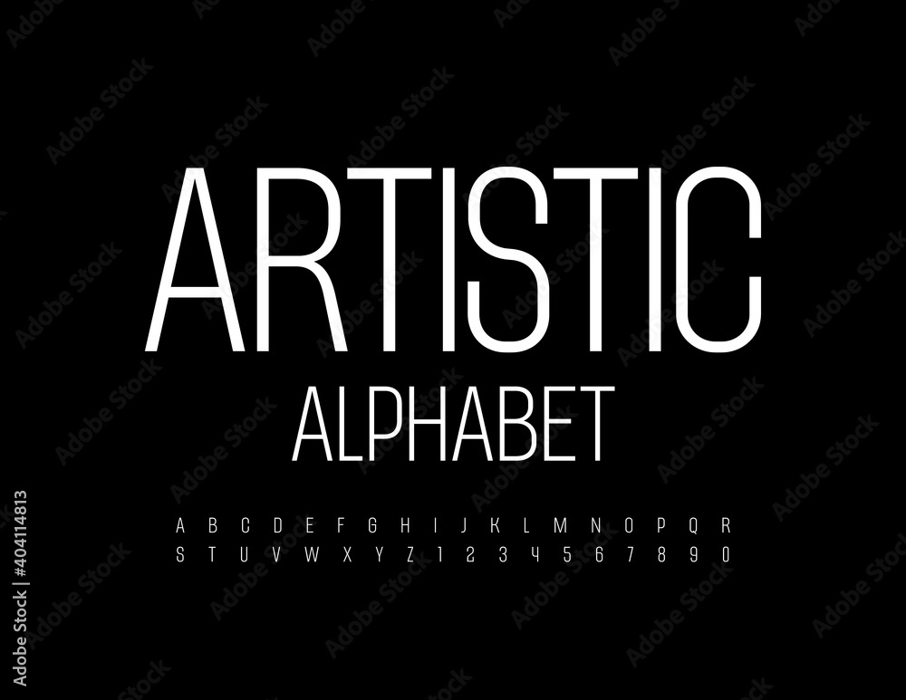 Vector Artistic Alphabet. Slim White Font. Trendy set of Letters and Numbers