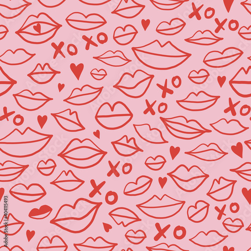 Doodle lips shapes background Valentine's Day kiss seamless pattern Linear woman mouth backdrop Romantic red pink feminine design. Vector illustration photo