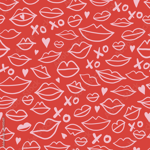 Doodle lips shapes background Valentine's Day kiss seamless pattern Linear woman mouth backdrop Romantic red pink feminine design. Vector illustration