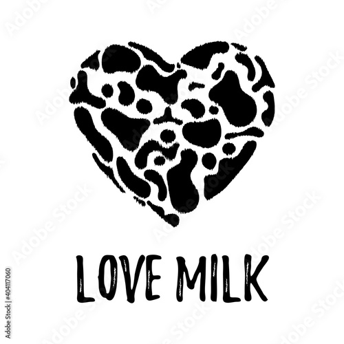 Сow skin in shape of heart. Love milk or milk day. Dairy products print. vector illustration.