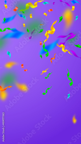 Streamers and confetti. Festive streamers tinsel and foil ribbons. Confetti falling rain on violet background. Bewitching party overlay template. Ecstatic celebration concept.