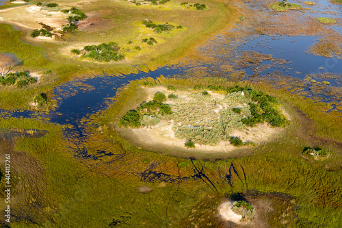 Fototapeta Naklejka Na Ścianę i Meble -  Aerial view to wild nature of Delta Okavango in Botswana.