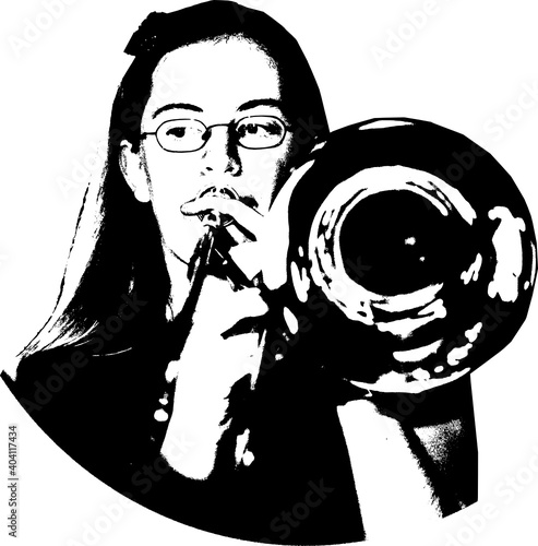 Black and white vector graphic pictogram of female trombone player. trombone jazz solo performed by very concentrated musician. Silhouette of trombonist portrait.