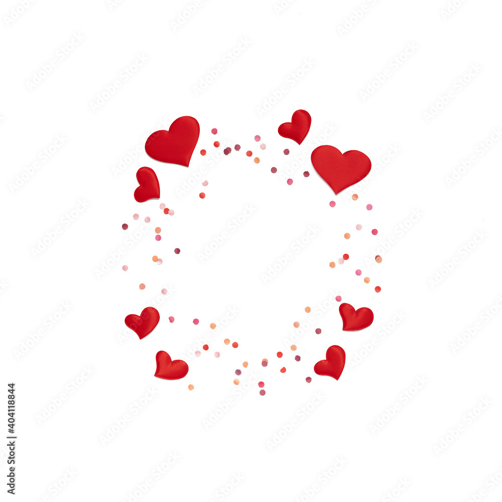 Valentine's Day background. Flat Lay with hearts and confetti on white background with copy space