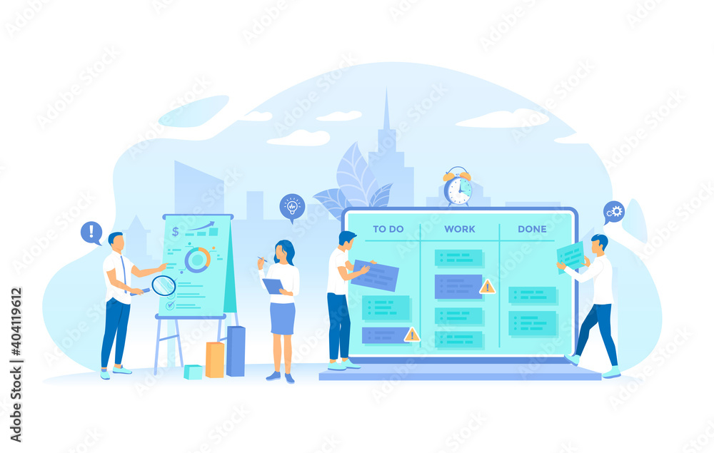 Business team working on projects. Project Management, Application Service for corporate managing, Team control, Manager work. Vector illustration flat style.
