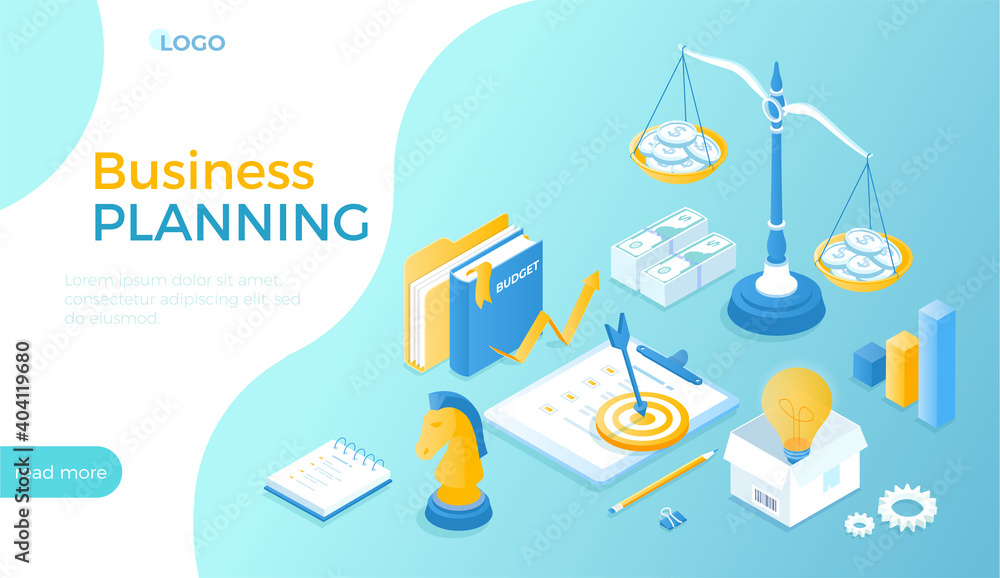 Business planning. Achieving company goals, management, task organization. Business ideas, successful strategy. Isometric vector illustration for website.