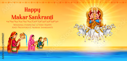 illustration of Makar Sankranti wallpaper with Sun God for festival of India