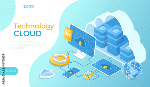 Cloud Technology. Software and services, cloud computing, data storage, online hosting. Server racks in the cloud, computer, tablet, phone connect. Isometric vector illustration for website.