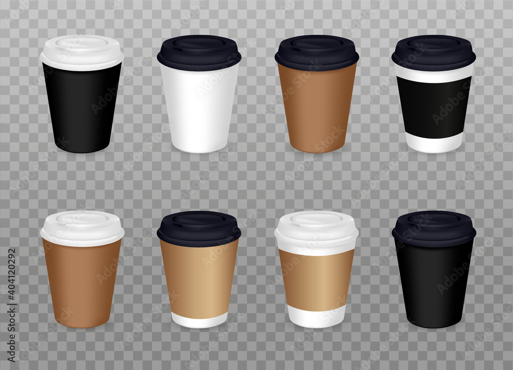 Vector Realistic set of Coffee Cups isolated on transparent background. Mockup. Vector 3D emplate. akeaway offee. Paper or Plastic Disposable Packaging. EPS10. Vector Realistic set of Coffee Cups isolated on transparent background. Mockup. Vector 3D emplate. akeaway offee. Paper or Plastic Disposable Packaging. EPS10.