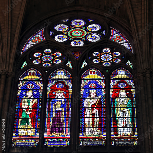 Colorful stained glass windows in the Basilica of Saint-Denis near Paris, France