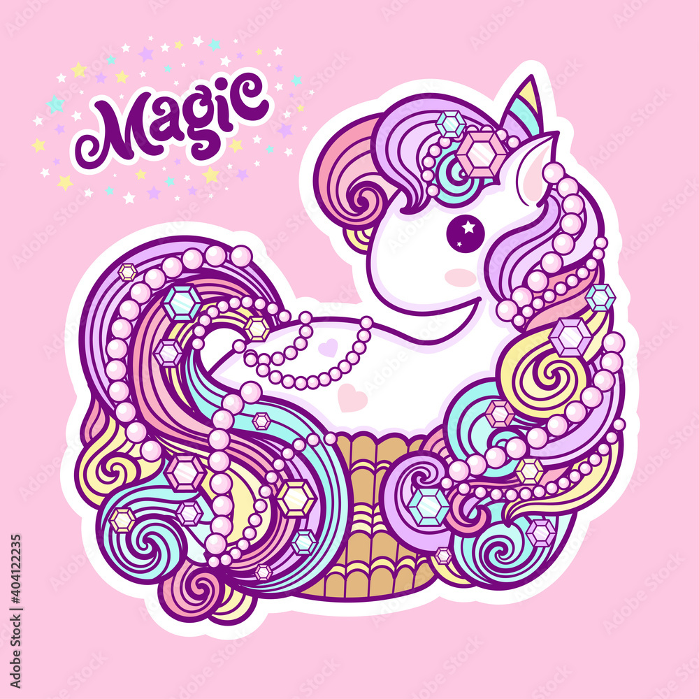Cute unicorn cupcake on a pink background. Kawaii, child's drawing. Vector