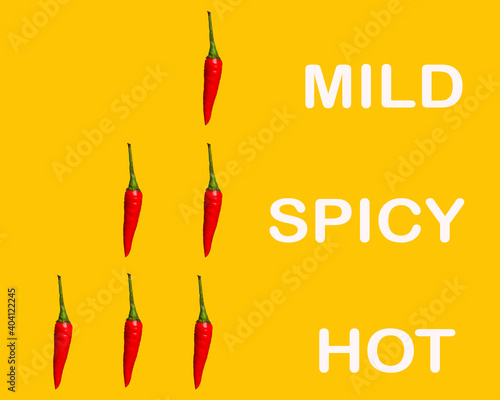 A picture of spicy level concept using small chilli pepper or "cili padi" on yellow background