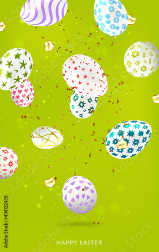 Happy Easter  background with realistic colourful decorated eggs. Template for greeting card, ad, sales, poster.