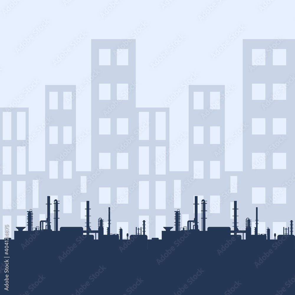 Blue oil factory silhouette and industrial city view. Petroleum industry. Vector template for web, infographics or interface design. Oil and gas market. Energy business and environmental problems Blue oil factory silhouette and industrial city view. Petroleum industry. Vector template for web, infographics or interface design. Oil and gas market. Energy business and environmental problems