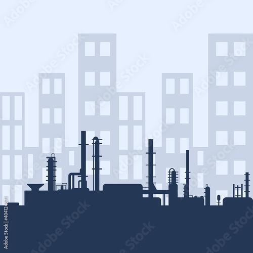 Blue oil factory silhouette and industrial city view. Petroleum industry. Vector template for web  infographics or interface design. Oil and gas market. Energy business and environmental problems