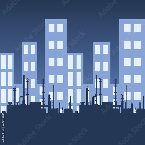 Blue oil factory silhouette and industrial city view. Petroleum industry. Vector template for web  infographics or interface design. Oil and gas market. Energy business and environmental problems