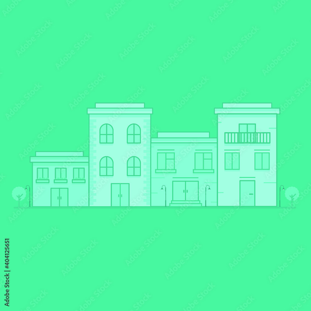 City street - modern thin line design style vector illustration on white background. Pink colored high quality composition with facades of houses, apartment buildings, church, tree, shop, citizens