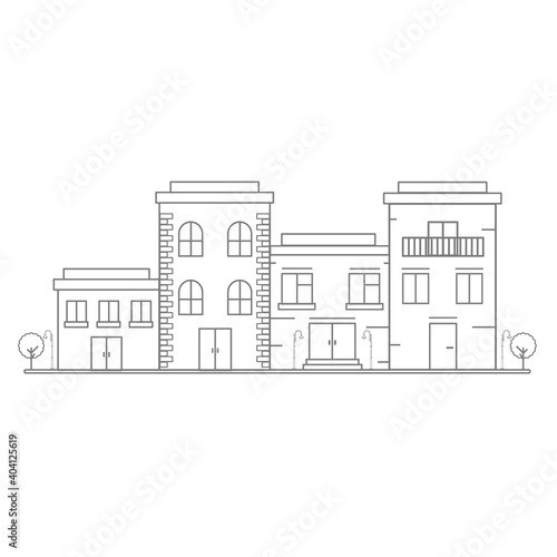 City street - modern thin line design style vector illustration on white background. Pink colored high quality composition with facades of houses, apartment buildings, church, tree, shop, citizens