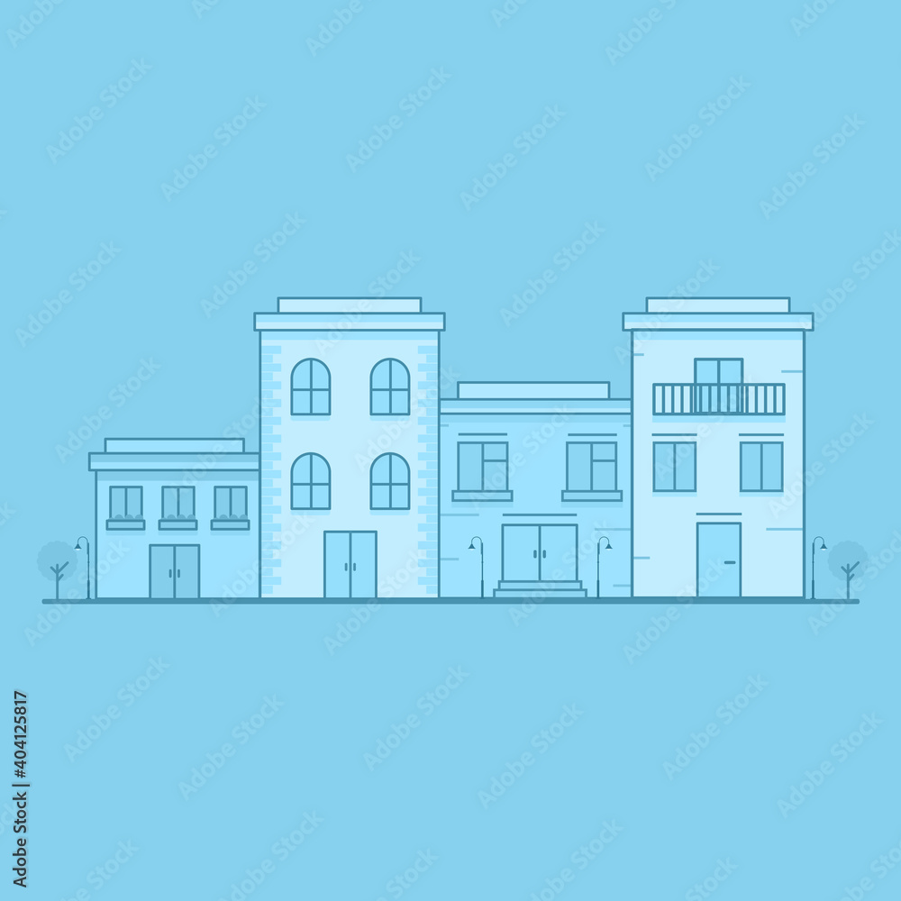 City street - modern thin line design style vector illustration on white background. Pink colored high quality composition with facades of houses, apartment buildings, church, tree, shop, citizens City street - modern thin line design style vector illustration on white background. Pink colored high quality composition with facades of houses, apartment buildings, church, tree, shop, citizens
