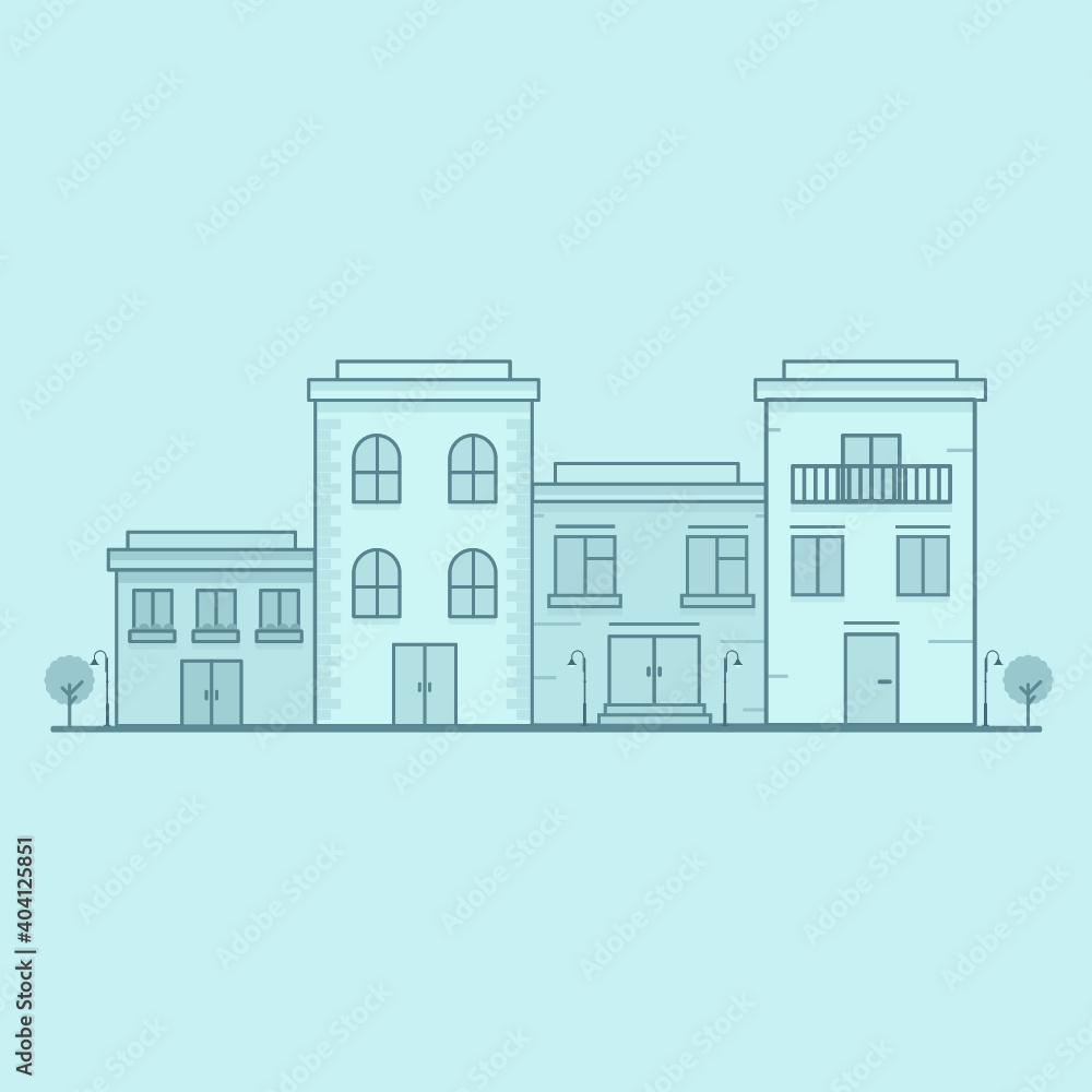 City street - modern thin line design style vector illustration on white background. Pink colored high quality composition with facades of houses, apartment buildings, church, tree, shop, citizens