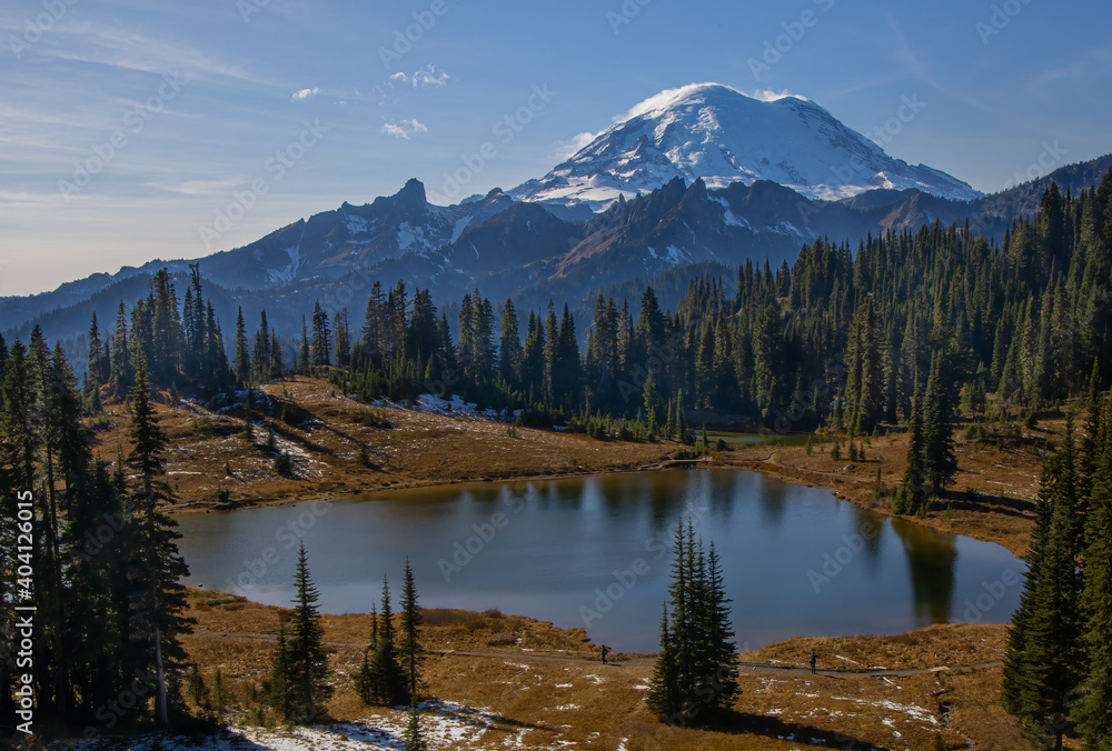 Mt Rainier as seen from Chinook Pass in October as Autumn fades in the high country.