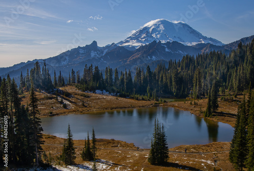 Mt Rainier as seen from Chinook Pass in October as Autumn fades in the high country. © Dawn