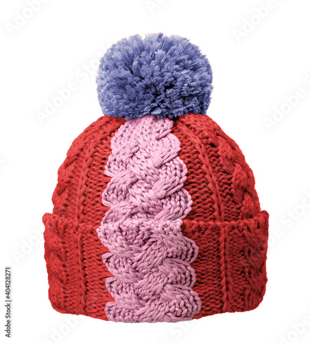 Blue, red and white woolen hat isolated on white background, US and UK flag colors 