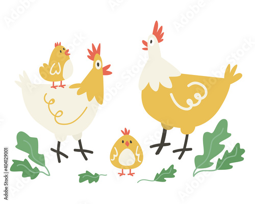 Two cute clocking hen standing with two yellow chickens . Funny moms and baby birds. Colorful textured flat vector illustration isolated on white background.