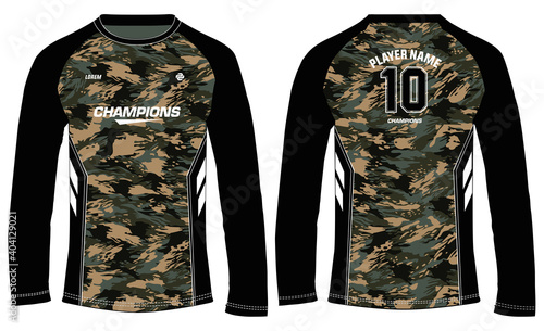camouflage long sleeve t shirt, Sports  jersey design concept vector template, sports jersey concept with front and back view for Motocross jersey, Cricket, Football, Volleyball, Rugby uniform designs