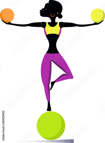 African woman does exercises with balls illustration.
Pretty young African woman with lithe figure doing sport exercise with three balls isolated on white
