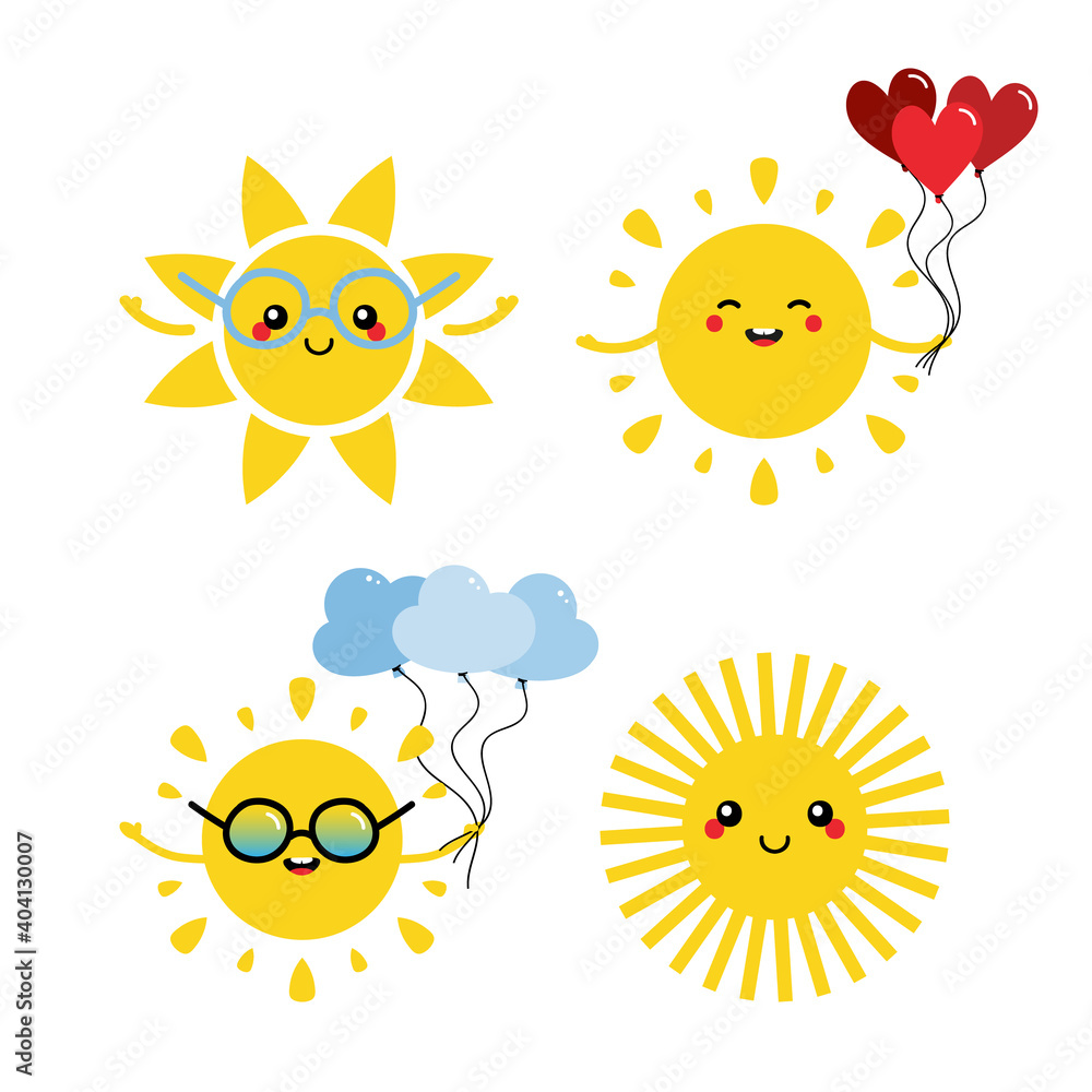 Set, collection of sun characters with colorful balloons and smiling cute sun characters for summer vacation design.