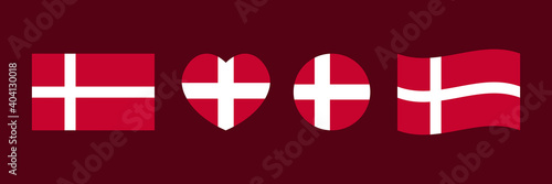 Set, collection of design elements with flags of Denmark in different shapes for Flag Day and other danish national holidays.