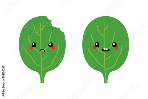 Cute cartoon style green spinach leaves characters, happy smiling and sad with bite mark.
