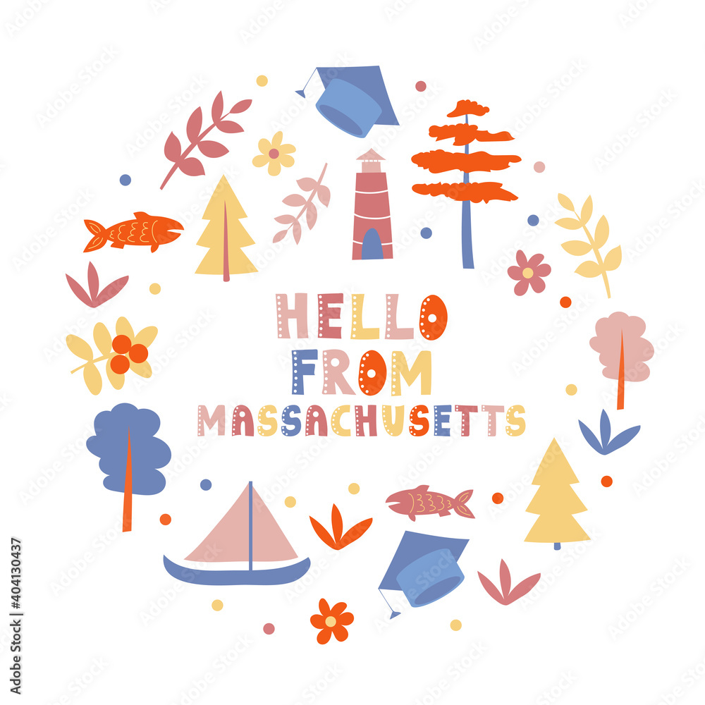USA collection. Hello from Massachusetts theme. State Symbols round shape card