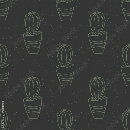 Seamless succulent and cactus plants seamless pattern. Vector tropical illustration of desert flowers in a pot. Hand drawn line doodle nature print.