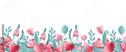 Romantic seamless border in pink and mint colors with flowers, hearts, sweets, bows and envelopes. Valentines day hand drawn background. Wallpapers, wrapping, textile, wedding, branding