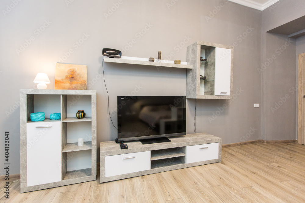 Fototapeta premium interior photography, large living room with bed, in a modern style, in beige light colors