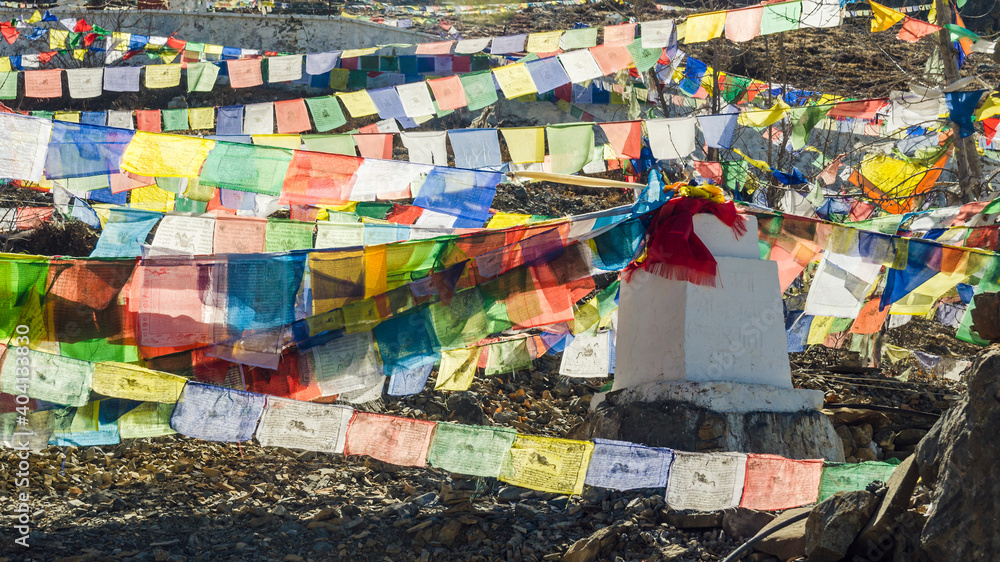 Tibetan Buddhist Prayer flags in Muktinath temple, Annapurna Circuit, Nepal
