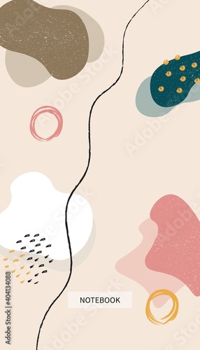 Cover design with texture stains, dots and lines. Art brush elements on the background. Invitation, greeting card, cover book, notebook. Vector illustration.