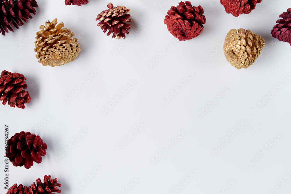 winter flat lay with conifer cones on white winter flat lay with conifer cones on white