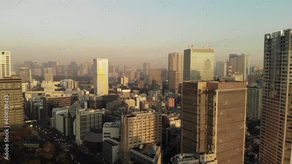 Tokyo, Japan - January 1, 2021: Aerial view of downtown Tokyo during a sunset in urban area Tokyo, Japan - January 1, 2021: Aerial view of downtown Tokyo during a sunset in urban area