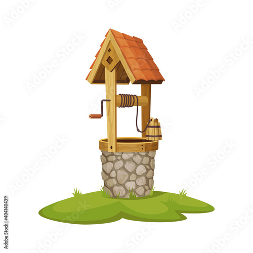 Old water well made of stone. Village well with a rope, a bucket and wooden elements. Colorful vector illustration