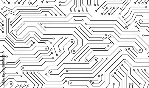 Electronics board. Circuit board electronic hi tech pattern. Vector abstract computer chip. Black monochrome background photo