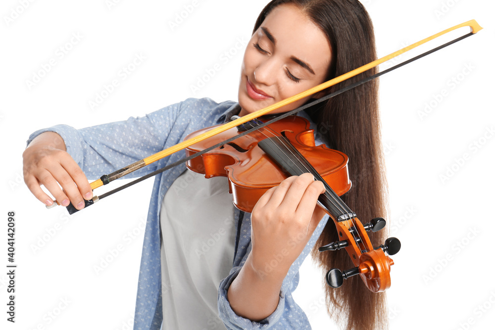 Beautiful woman playing violin on white background, focus on hand Beautiful woman playing violin on white background, focus on hand