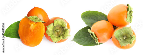 Set of delicious fresh ripe persimmons on white background. Banner design